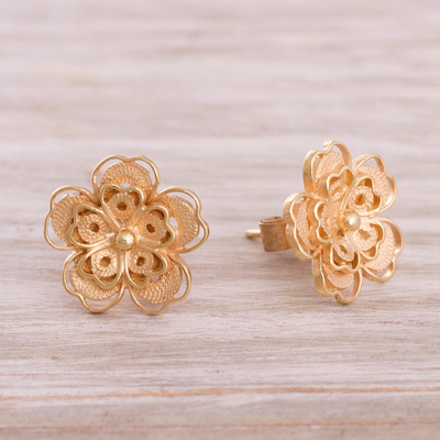 Floral Gold Plated Sterling Silver Filigree Button Earrings 