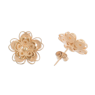 Gold plated sterling silver filigree button earrings, 'Intricate Flowers' - Floral Gold Plated Sterling Silver Filigree Button Earrings