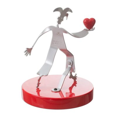 Aluminum sculpture, 'Love Offering' - Aluminum Harlequin Sculpture Offering Red Heart of Love