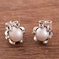 Cultured pearl filigree stud earrings, 'Tulip Glow' - Cultured Pearl Filigree Stud Earrings from Peru