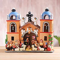 Ceramic nativity sculpture, 'Andean Church' - Hand-Painted Ceramic Nativity Sculpture from Peru