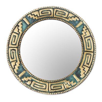 Bronze and copper wall mirror, 'Pre-Hispanic Classic' - Geometric Bronze and Copper Wall Mirror from Peru