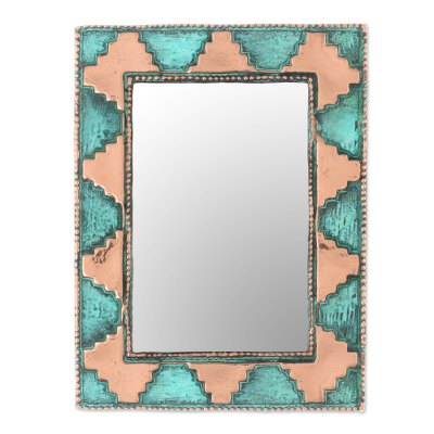 Copper wall mirror, 'Pre-Hispanic Pyramids' - Pyramid Pattern Copper Wall Mirror Crafted in Peru