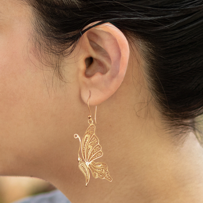 Gold plated sterling silver filigree dangle earrings, 'Regal Butterfly' - 24k Gold Plated Sterling Silver Filigree Butterfly Earrings