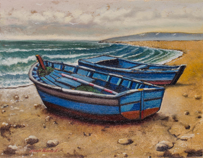 'Sweet Blue Sea' - Signed Realist Painting of Two Blue Boats from Peru