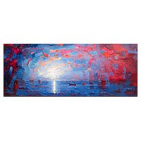 'Sunset II' - Ocean-Themed Expressionist Painting in Blue from Peru