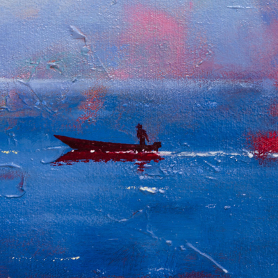 'Sunset II' - Expressionistische Malerei mit Meeresthema in Blau aus Peru