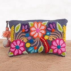 100% alpaca clutch, 'Happy Spring' - Handmade Floral 100% Alpaca Clutch in Graphite from Peru