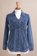 Chambray blouse, 'Lily of The Incas' - Lily of The Incas Button-Front Chambray Blue Blouse