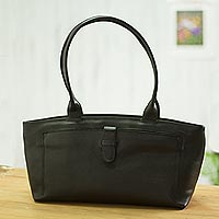 Leather handle handbag, 'Black Chic' - Handcrafted Black Leather Handle Handbag from Peru