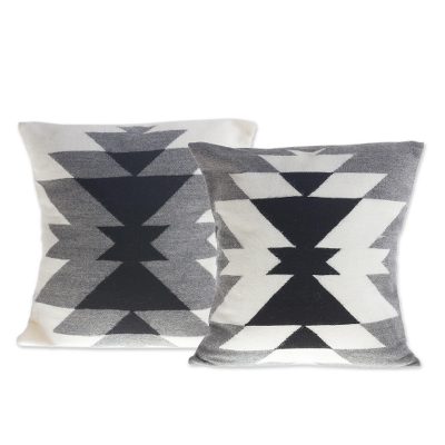 Alpaca blend cushion covers, 'Inca Smoke' (pair) - Geometric Alpaca Blend Cushion Covers from Peru (Pair)