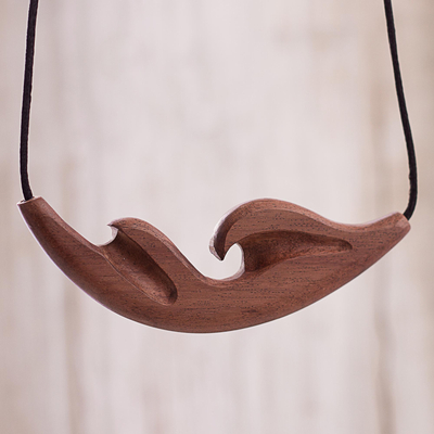 Reclaimed wood pendant necklace, 'Eco Wave' - Wave Pattern Reclaimed Wood Pendant Necklace from Peru