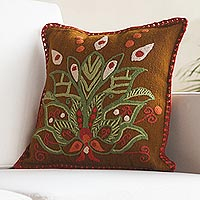 Wool cushion cover, 'Verdant Lotus' - Embroidered Wool Lotus Flower Cushion Cover from Peru