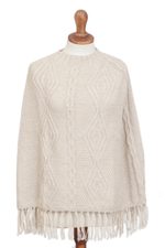 Alpaca blend poncho, 'Ivory Diamonds' - Knit Alpaca Blend Poncho in Ivory from Peru
