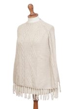 Alpaca blend poncho, 'Ivory Diamonds' - Knit Alpaca Blend Poncho in Ivory from Peru