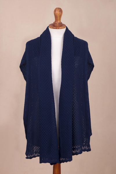 Alpaca blend shawl, 'Andean Delight in Navy' - Knit Alpaca Blend Shawl in Navy from Peru