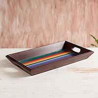 Glass and wood tray, 'Andean Muse' - Glass and Wood Tray with Woven Accent from Peru
