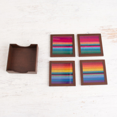 Glass and wood coasters, 'Andean Muse' (set of 4) - Glass and Wood Coasters with Woven Accent (Set of 4)