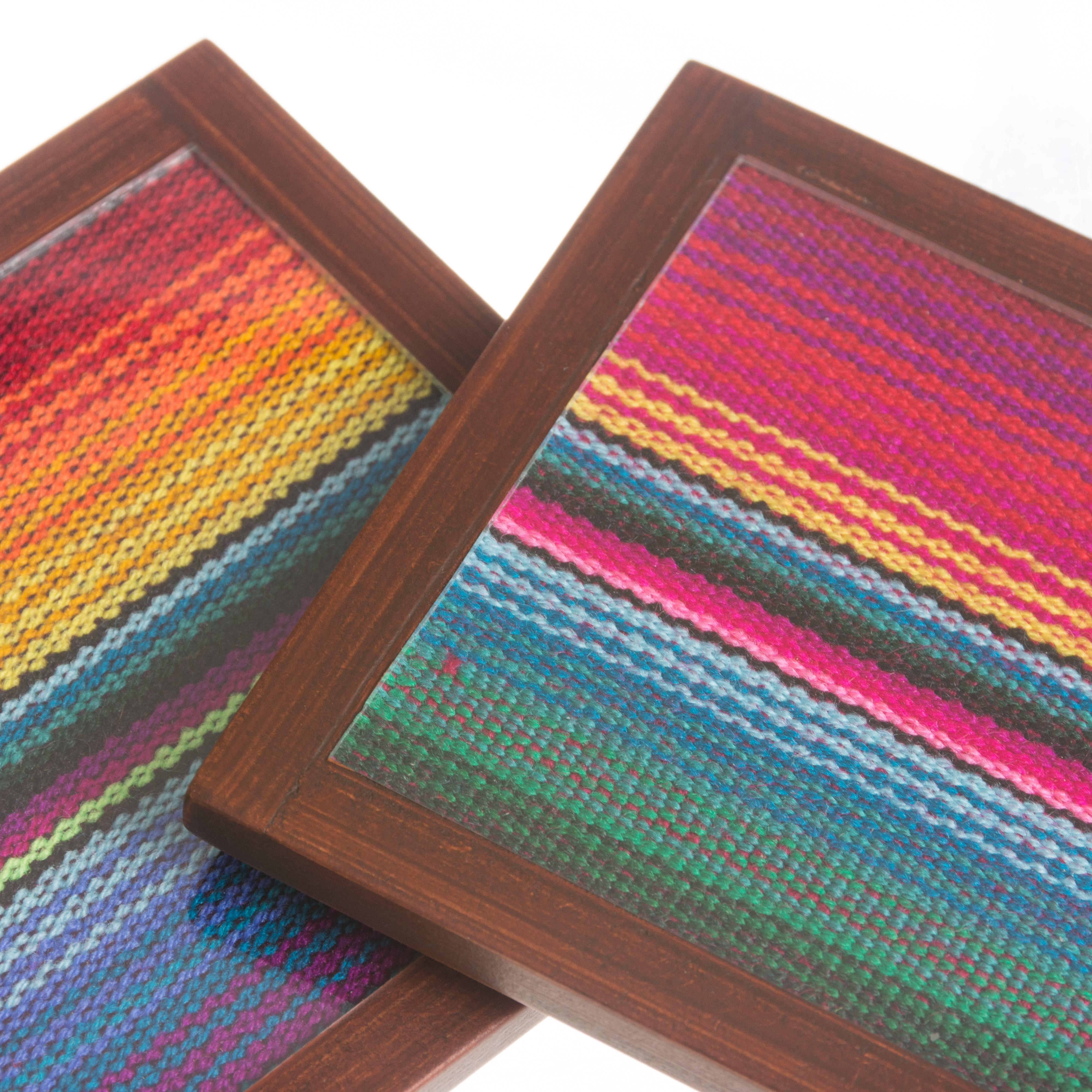 Glass and wood coasters, 'Andean Muse' (set of 4) - Glass and Wood Coasters with Woven Accent (Set of 4)