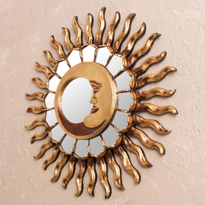 Bronze gilded cedar wood wall mirror, 'Brilliant Moon' - Radiant Crescent Moon Bronzed Cedar Wood Wall Mirror