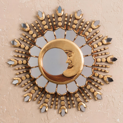 Bronze gilded wood wall mirror, 'Moon Ray Magic' - Sparkling Crescent Moon Bronzed Wood Wall Mirror