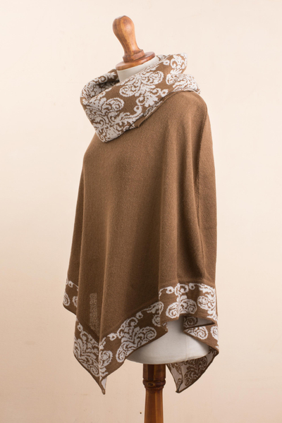 Alpaca blend poncho, 'Glamour Glimpses' - Sepia Brown and Ivory Alpaca Blend Cowl Neck Knit Poncho