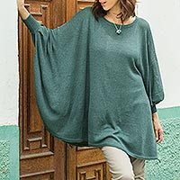 Cotton blend sweater, 'Valley Breeze' - Teal Long-Sleeve Cotton Blend Knit Sweater Poncho from Peru