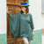 Cotton blend sweater, 'Valley Breeze' - Teal Long-Sleeve Cotton Blend Knit Sweater Poncho from Peru