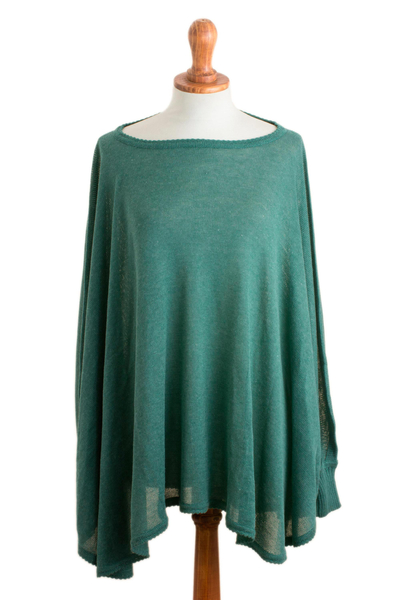 Teal Long-Sleeve Cotton Blend Knit Sweater Poncho from Peru