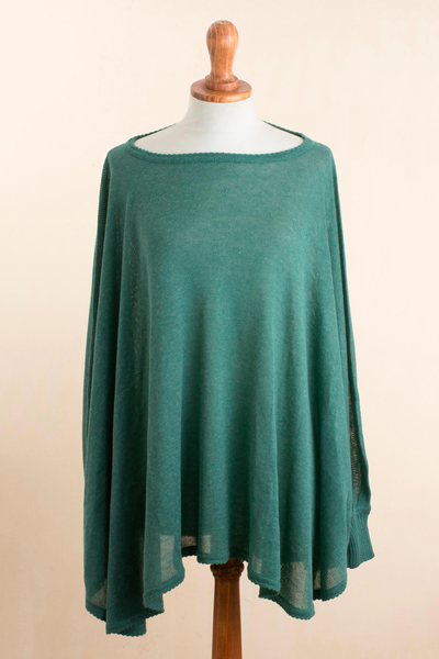 Pullover aus Baumwollmischung - Blaugrüner Langarm-Strickpullover-Poncho aus Baumwollmischung aus Peru