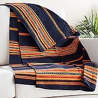 Alpaca blend throw, 'Inca Comfort' - Handwoven Alpaca Blend Throw in Midnight and Sunrise