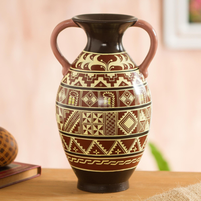 Ceramic decorative vase, 'Inspired Inca' - Inca-Inspired Hand-Painted Ceramic Decorative Vase in Brown