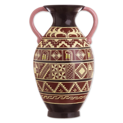 Jarrón decorativo de cerámica, 'Inspired Inca' - Jarrón decorativo de cerámica inspirado en los incas y pintado a mano en color marrón