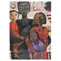 'Family' (2018) - Signed Family-Themed Cubist Painting from Peru