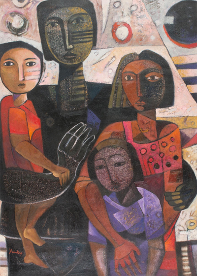 Signed Family-Themed Cubist Painting from Peru