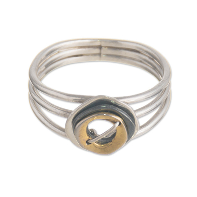 Gold-accented sterling silver cocktail ring, 'Contemporary Eclipse' - Modern Gold Accented Sterling Silver Cocktail Ring from Peru