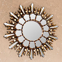 Bronze gilded cedar wood wall mirror, 'Shiny Sun' - Handmade Bronze Gilded Cedar Wood Wall Mirror from Peru