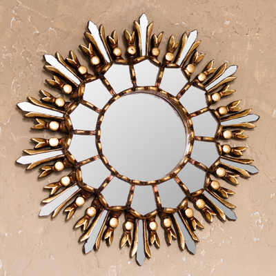 Bronze gilded wood wall mirror, 'Shiny Sun' - Handmade Bronze Gilded Wood Wall Mirror from Peru