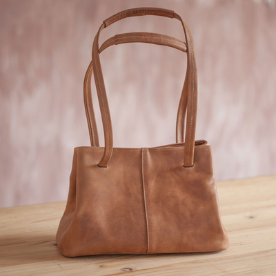 Leather shoulder bag, 'Stylish Sepia' - Handmade Leather Shoulder Bag in Sepia from Peru