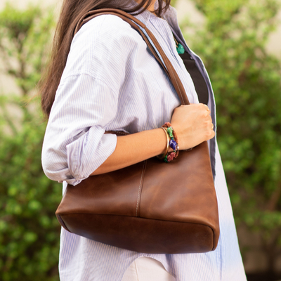 Leather shoulder bag, 'Stylish Sepia' - Handmade Leather Shoulder Bag in Sepia from Peru