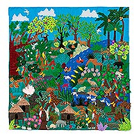Cotton blend patchwork wall hanging, 'Amazon Jungle'