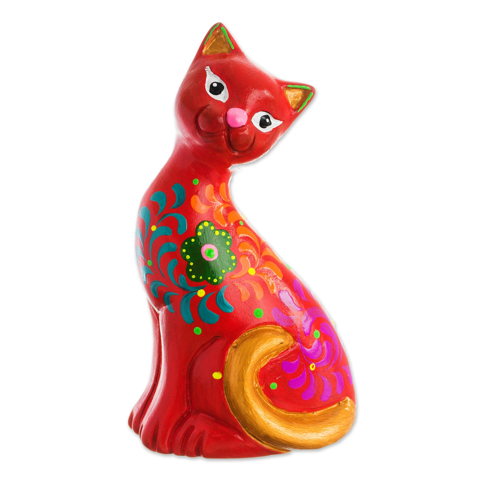 Hand-Painted Ceramic Cat Figurine in Red from Peru - Sweet Cat in Red ...