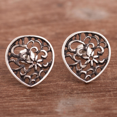 Sterling silver button earrings, Dark Silver Flowers