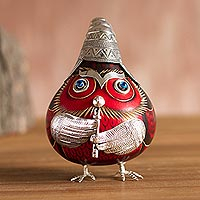 Sterling silver and gourd figurine, 'Owl Musician in Red' - Sterling Silver and Gourd Owl Musician Figurine in Red