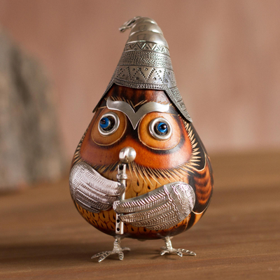 Sterling silver and gourd figurine, 'Owl Musician in Brown' - Sterling Silver and Gourd Owl Musician Figurine in Brown