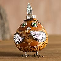 Sterling silver and gourd figurine, 'Shipibo-Conibo' - Cultural Owl Figurine in Sterling Silver and Gourd
