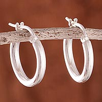 Sandblasted Sterling Silver Hoop Earrings from Peru,'Classic Gleam'