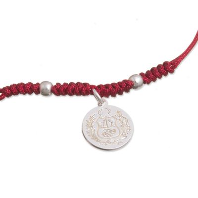Sterling silver charm bracelet, 'Peruvian Shield in Dark Red' - Sterling Peruvian Coat of Arms Charm Bracelet in Dark Red
