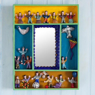 Wood retablo wall mirror, 'Children at Play' - Hand-Painted Wood Retablo Wall Mirror Crafted in Peru
