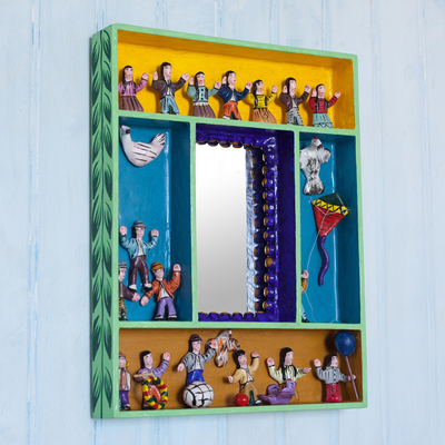 Wood retablo wall mirror, 'Children at Play' - Hand-Painted Wood Retablo Wall Mirror Crafted in Peru